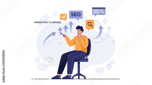 Man presenting marketing planning and SEO strategy with growth arrows
