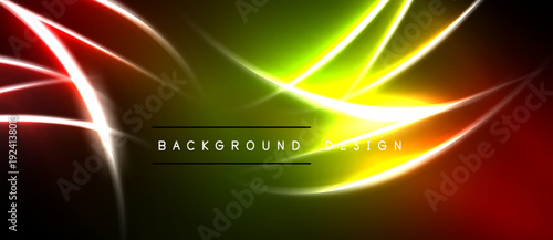 Abstract neon lines create vibrant energy. Colors blend, forming dynamic background design. Brightness contrasts with dark space.