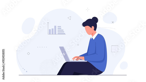 Woman working on laptop with data analytics charts in minimalist background