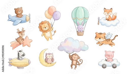 Cute nursery sky clipart set with clouds, moon owl, zebra rocket, pig car, monkey. Collection of Vector illustrations. Perfect for invitation, card, poster, banner, decoration