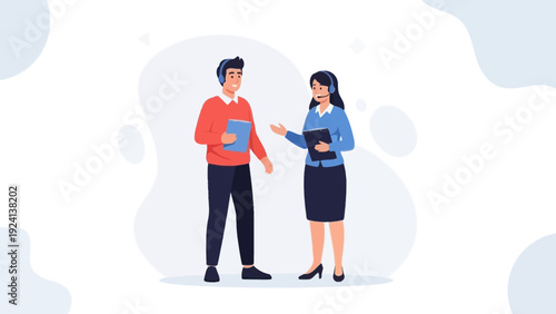 Customer Service Team Talking, Support Call Center Agents Wearing Headsets