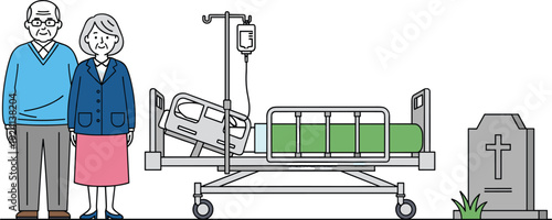 Flat vector illustration of an elderly senior couple standing next to a hospital medical bed and a cemetery gravestone for healthcare and end of life planning