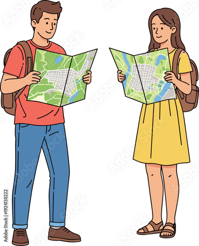 Flat vector illustration of a young man and woman with backpacks holding paper maps for travel tourism vacation planning and urban exploration branding