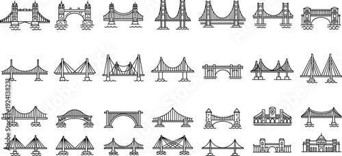 Bridge Silhouette Icon Set Featuring Various Architectural Bridge Types for Transportation, Urban Infrastructure, Engineering Concepts, and Vector Illustration Design