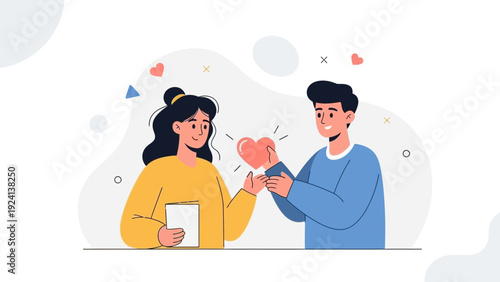 Couple Holding Glowing Heart Symbol, Love Relationship Concept