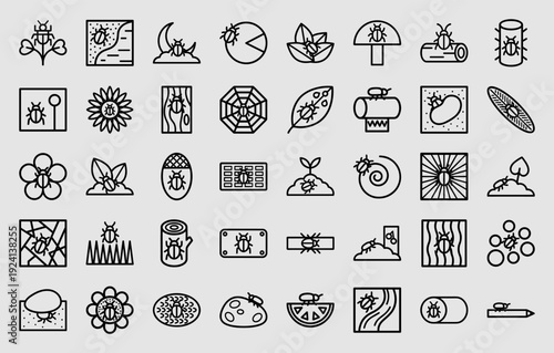 Pest control and entomology monoline icons for organic gardening and agriculture. Minimalist black line pictograms featuring insect infestation on plants, soil, and wood.