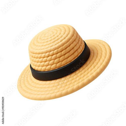 Elegant 3D Straw Hat with Black Ribbon, a Classic Summer Accessory for Beach, Vacation, and Fashion Designs, isolated on transparent background.