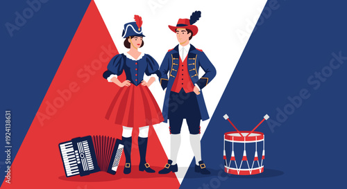 French Folk Musicians in Traditional Costume with Accordion and Drum, Bastille Day 14 July Celebration Illustration