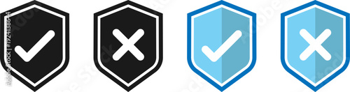 Shield icons with checkmark and cross symbols in black and blue