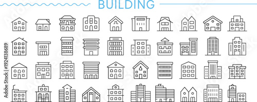Vector collection of 40 building icons including houses, apartments, offices, commercial structures, architectural styles, urban planning, design