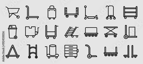Logistics and warehouse equipment monoline icons for industrial workflow. Chunky-geometric pictograms of trolleys, hand trucks, and material handling tools.