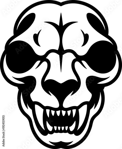 Angry skull with sharp teeth and exaggerated in black and white exaggerated fierce