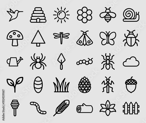 Nature and gardening line art pictograms featuring forest wildlife, botanical elements, and outdoor exploration icons for organic branding and educational materials.