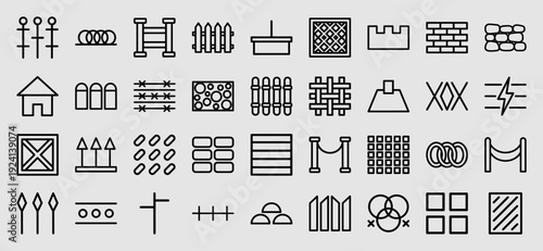 Security infrastructure and perimeter fencing pictograms. Minimalist monoline icons for architectural site planning, physical barriers, and defensive boundaries.