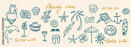 Doodle retro summer beach vacation elements