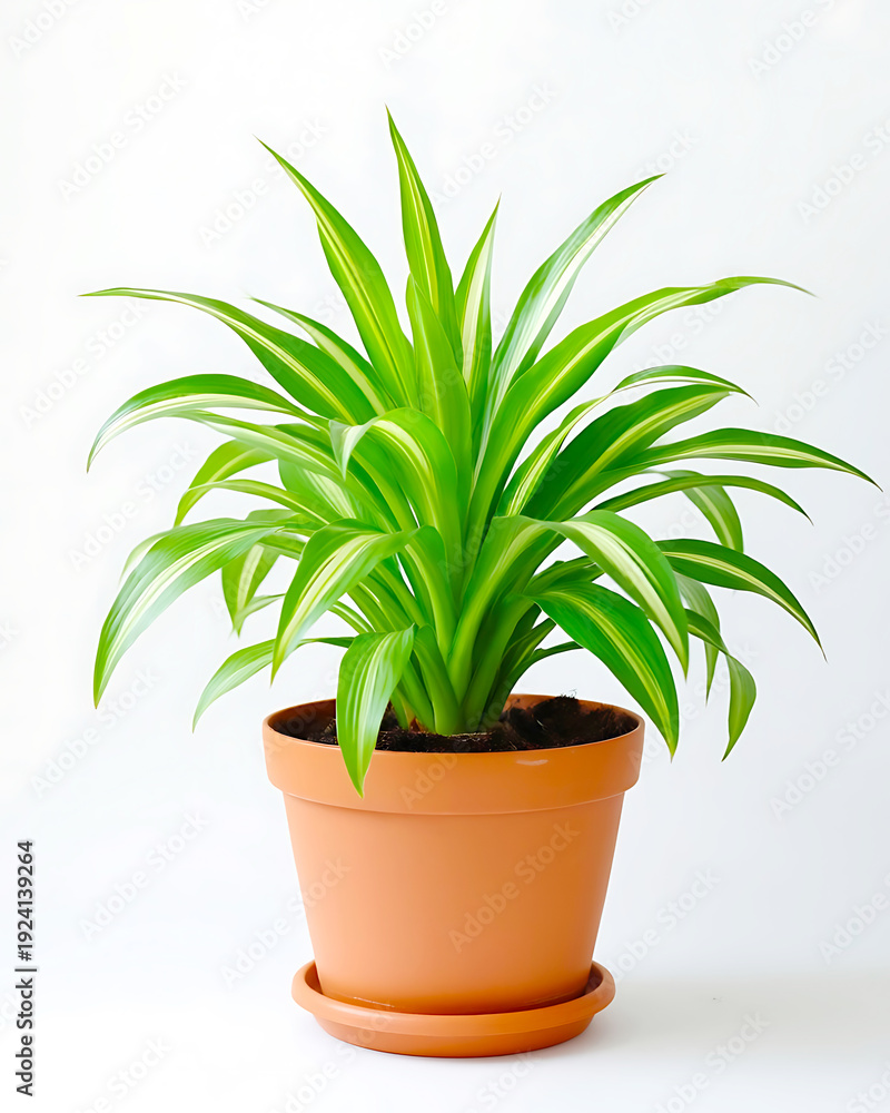 Fototapeta premium Vibrant Variegated Dracaena Plant with Green and White Striped Leaves in a Terracotta Colored Plastic Pot, Perfect for Brightening Any Modern Indoor Space