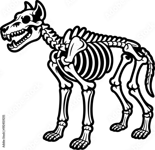 Black and white dog skeleton with fangs and claws bones