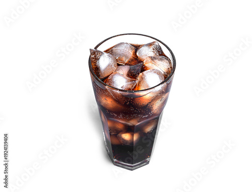 Soda with ice in a transparent glass isolated on a white background. High quality photo