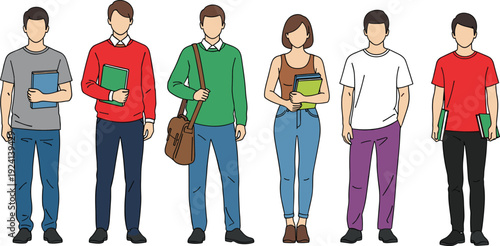 Flat vector illustration set of six diverse young college students standing and holding books for university education lifestyle branding and academic back to school