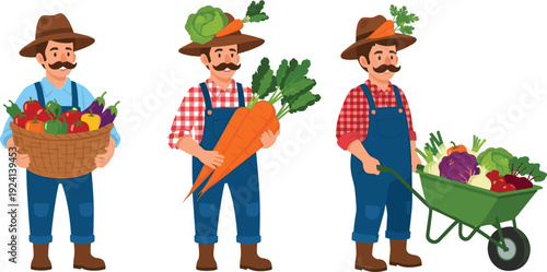 Flat vector illustration set of three happy male farmers with mustaches holding a basket of vegetables giant carrots and pushing a loaded wheelbarrow