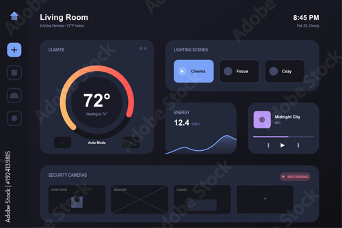Living Room Smart Home Dashboard with Temperature Ring Energy Reading Scene Toggle Buttons and Dark Blue Background IoT Home Control UI Vector