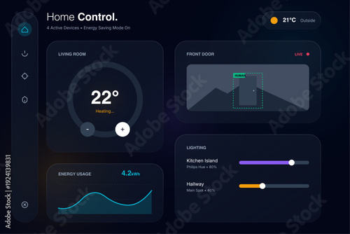 Home Control Smart Dashboard with Temperature Thermostat Ring Load Monitoring Graph Device Controls and Dark Teal Background IoT Smart Home UI Vector