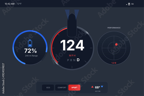 Dark Automotive HUD Dashboard with Circular Gauge Speedometer Radar Arc and Red Alert Indicator on Black Background Racing Instrument UI Vector