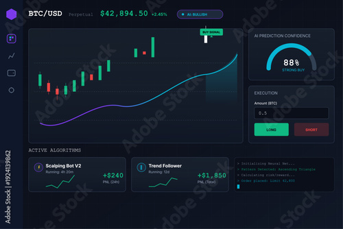 BTC USD Crypto Trading Dashboard with Price Candlestick Chart Circular Progress Active Algorithms and Dark Background Cryptocurrency Analytics UI Vector