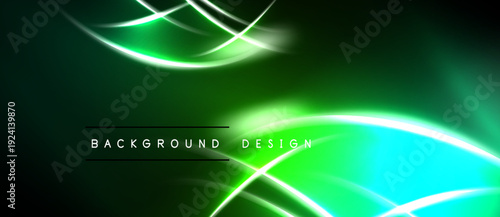 Abstract green neon lines create dynamic background. Smooth curves intersect, forming bright visual effect. Dark space surrounds glowing elements.