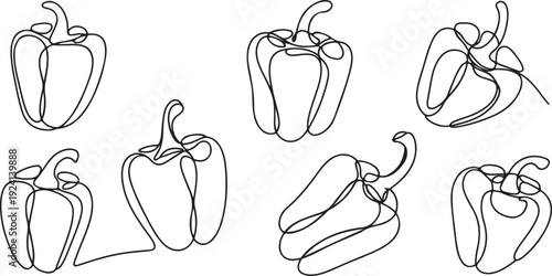 Bell pepper continuous one line drawing set isolated. single line vector illustration. isolated white background