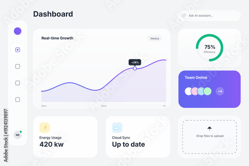 Minimal Dashboard Overview with Donut Chart New Users Growth Trend and Up to Date Status on Clean Light Background SaaS Analytics UI Vector