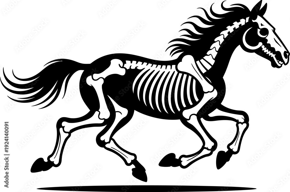 Fototapeta premium Black and white horse skeleton with visible bones and running posture