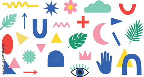 Abstract Modern Geometric Shapes Collection with Leaves, Arrows, Moon, Eye and Colorful Decorative Elements in Flat Vector Style