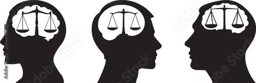 Law and justice icon set. Includes law, justice, balance, mind, and scales symbols. Created in black silhouette style with white background vector silhouette