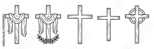 Religious cross collection, christian church faith outline symbols isolated on transparent background