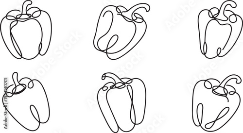 Bell pepper continuous one line drawing set isolated. single line vector illustration. isolated white background