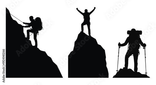 Mountain climbers and hiker silhouettes on white background
