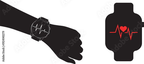 Smartwatch icon set with heart rate monitor vector silhouette