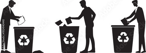 Silhouette of a person placing a paper document into a stylized recycle bin. Recycling icon set with silhouettes of people throwing away paper and cardboard vector silhouette