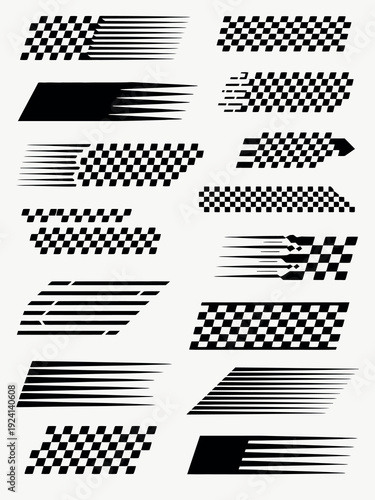 set checkered flag designs, racing stripe speed and finish line vector elements for automotive vinyl decals car wraps marketing visuals and professional design use.