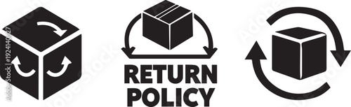 Return policy icon set. Includes return, policy, exchange, and delivery symbols. Created in minimalist style with black and white color palette vector silhouette