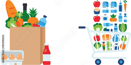 Grocery Shopping Illustration with Paper Bag and Cart Filled with Fresh Food Vegetables Drinks and Essentials for Supermarket Purchase Concept