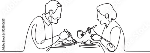 continuous line drawing of parents eating together.one line vector drawing of grandfather and grandmother eating together at the dinner table.