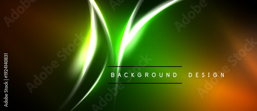 Abstract neon lines create vibrant energy. Green dominates with orange accents against black backdrop. Modern design element.