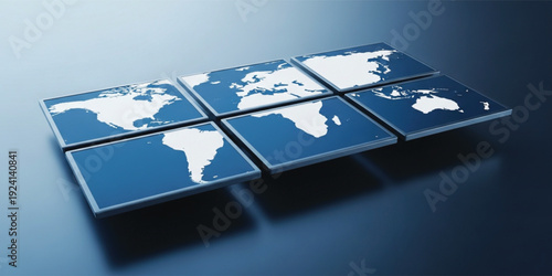 Isometric World Map Panel Set Vector Illustration with Global Continent Tiles for Digital Interface, Data Visualization, Navigation Systems, and International Technology Design