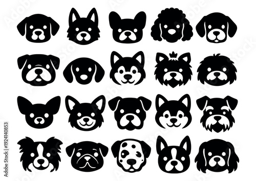 Cartoon dog heads set. Different dog breeds icons collection for pet design, kids illustrations and stickers
