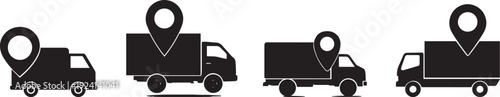Silhouette of a delivery truck with a large GPS location pin on top of it. Delivery truck icon set with location pins vector silhouette