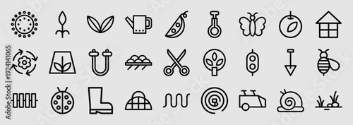 Sustainable gardening and organic farming line icons. Technical monoline pictograms for horticulture, backyard cultivation, and eco-friendly landscaping projects.