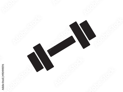 A simple black dumbbell icon on a white background for fitness and exercise concepts