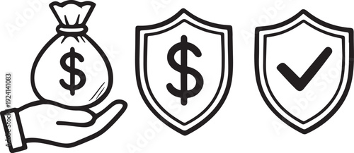 A money bag in a hand, a dollar shield, and a checkmark shield for financial protection silhouette vector